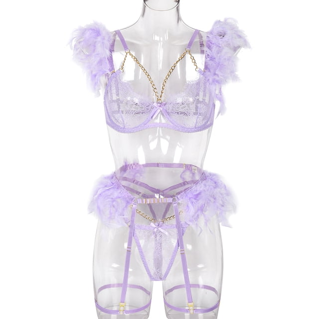 Conjunto de lencería sexy con cadena de metal y encaje extraíble con plumas de colores de estilo europeo