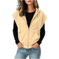 thumbnail image 4 of Women's Plus Size Cap Sleeve Hoodie Summer Loose Casual Zip Up Drawstring Tops with Pockets Beige, 4 of 7