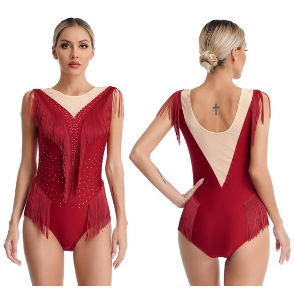 iiniim Womens Rhinestone Fringed Latin Tango Leotard Sleeveless Ballet Dance Bodysuit Gymnastic Dancewear A Burgundy L