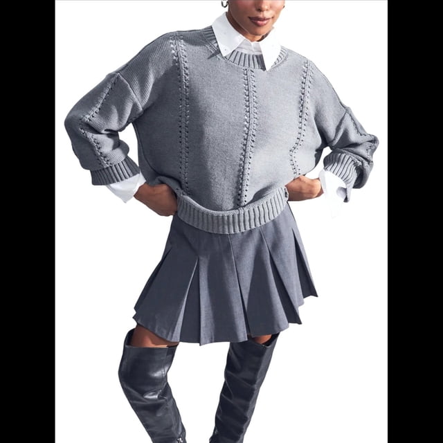 Suéteres de Punto Grueso para Mujer, Otoño 2025, Larga, Cuello Redondo, Jersey Holgado, Ropa de Moda de Invierno. Gris M