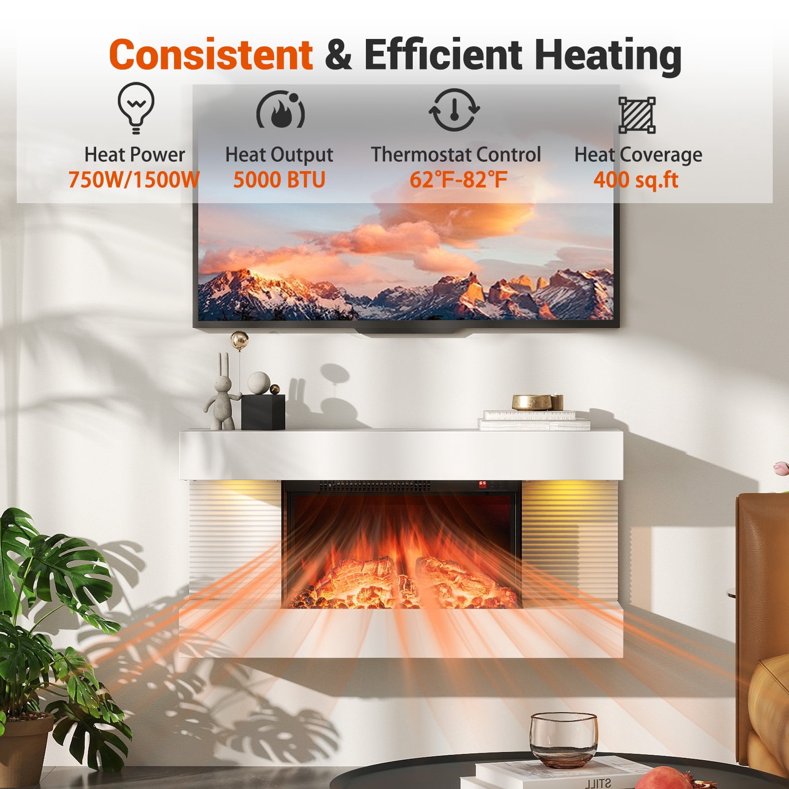 Giantex Wall-Mounted Electric Fireplace Mantel, 18" Fireplace & 32" Floating Mantel, 750W/1500W All-in-One Fireplace