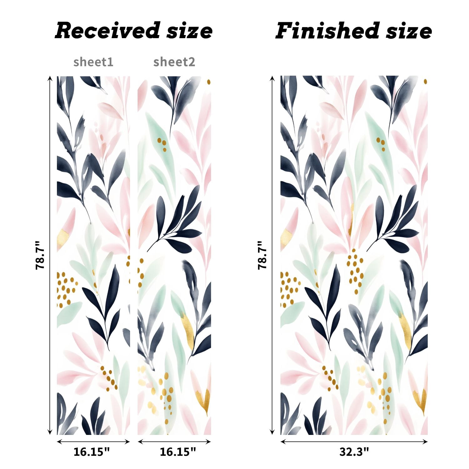 Self Adhesive Vinyl Refrigerator Wrap Set Modern Botanical Watercolor Pink Gold Mint Navy Leaves Door Mural Removable Fridge Sticker Peel and Stick&nbsp;Full Door Cover Decal Kitchen Bar Decor