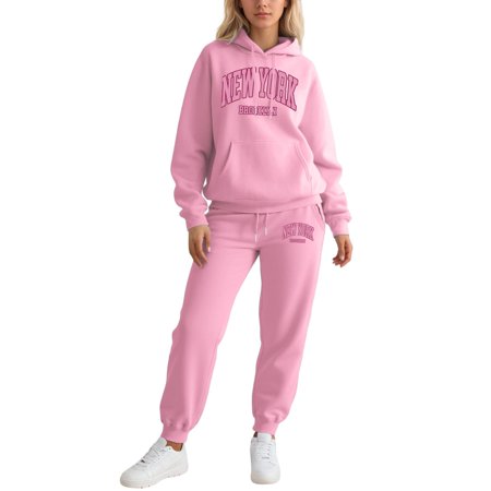 sususu Womens Loungewear Set Sets for Women Stylish Women s Tracksuit Set Featuring Hooded Pullover And Matching Joggers With Allover Print For Street Style And Cozy Home Wear - Pink