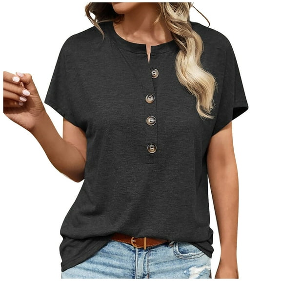 ZyeKqe Womens Tops Dressy Casual Blouses Short Sleeve Shirts Crewneck Button up Tops Loose Fitted Basic Summer Tees