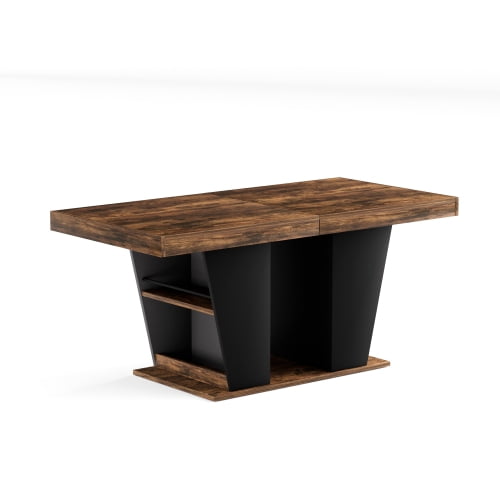 63" to 78.7" Extendable Rustic Dining Table, Mid-Century Modern Wood Kitchen Table with Storage Shelves, Seats 8-10, Rustic Brown & Black