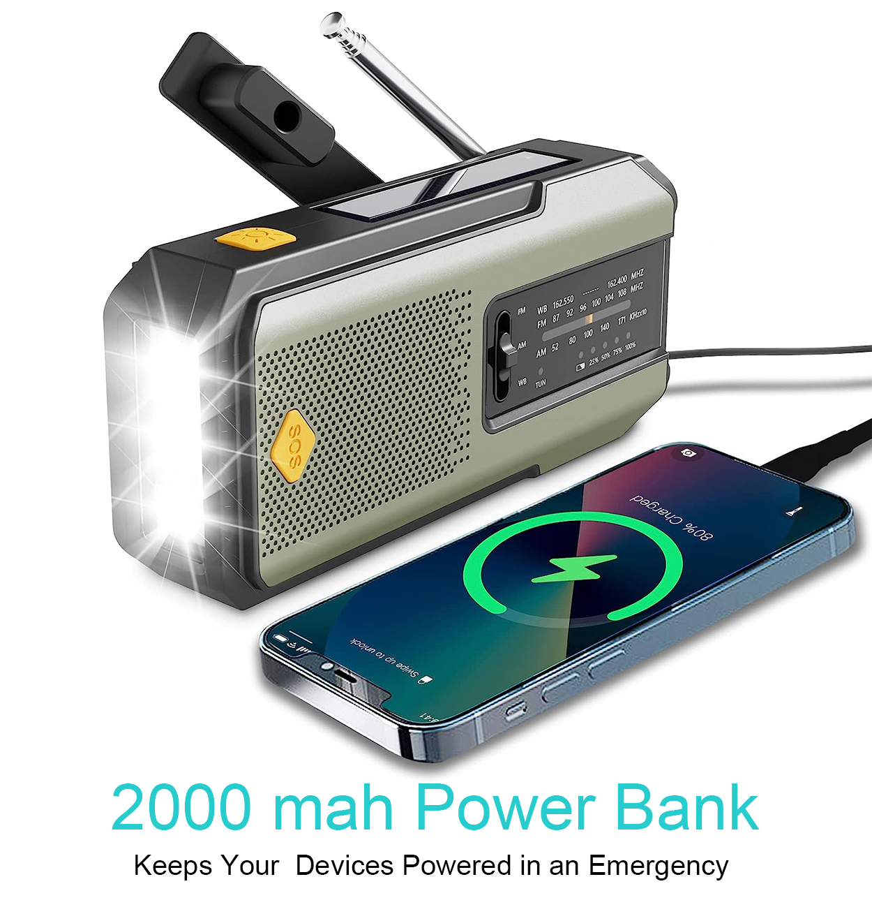 Daykit Portable Emergency Weather Radio, Hand Crank Radio Solar Powered with Battery Backup,AM/FM/NOAA, SOS Alarm,2000mAh Power Bank,LED Flashlight,USB Type-C for Outdoor Emergency