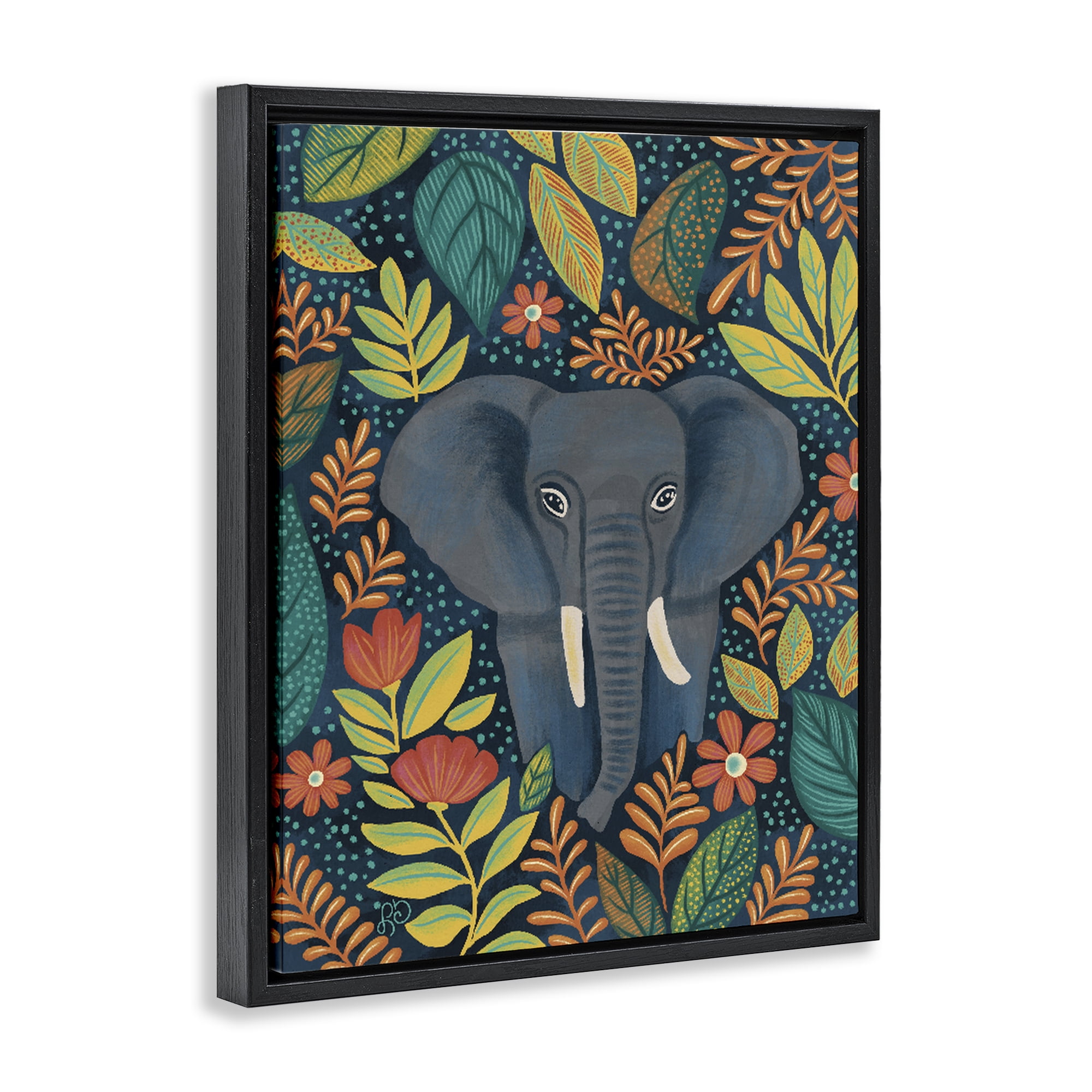 Stupell Industries Exotic Leaf Pattern Elephant Black Framed Floater Canvas Wall Art, design by Lisa R Dumm