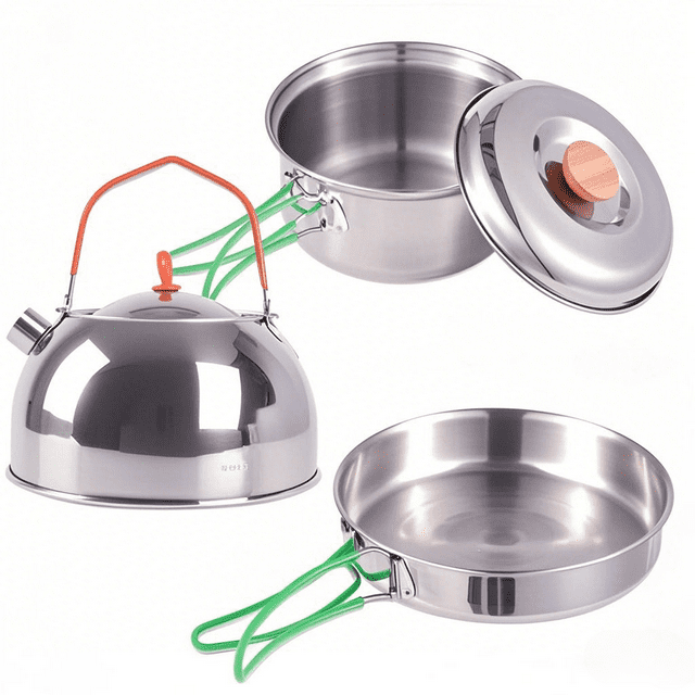 304 Stainless Steel Camping Cookware Set for 1-2 People - Includes 1L Pot with Lid, 0.5L Frying Pan, 0.5L Kettle with Lid, and Storage Bag - Flat Bottom Compatible with Cassette Furnace, Gas Stove,