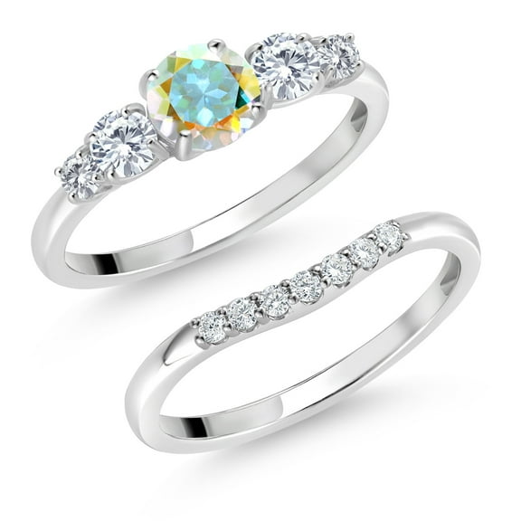 Gem Stone King 10K White Gold Mercury Mist Mystic Topaz and White Lab Grown Diamond 5 Stone Bridal Engagement Wedding Ring Set for Women (0.86 Cttw, Round: 5MM and 3MM, Size 5)