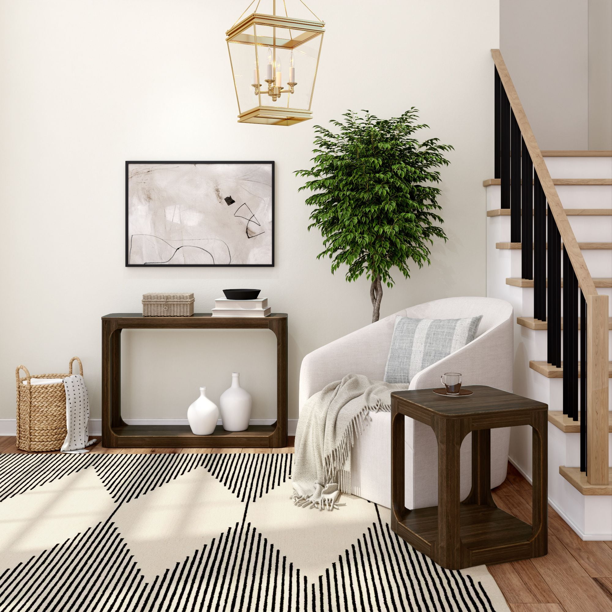 Plank+Beam 46" Forma Console Table, Solid Wood Rounded Edge Sofa Table with Storage Shelves, Narrow Entryway Table, Walnut