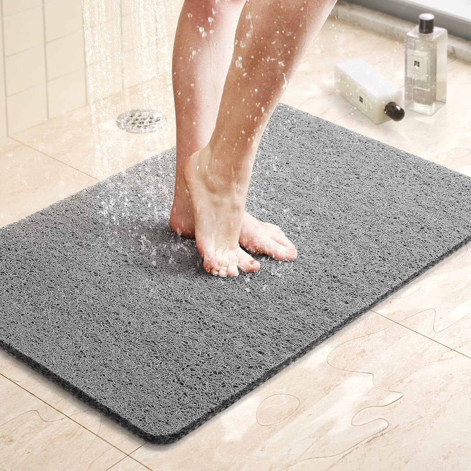 Gogcaro Shower Mat Bathtub Mat,24x16 inch, Non-Slip Bath Mat with Drain, Quick Drying PVC Loofah Bathmat for Tub,Shower,Bathroom (Grey)
