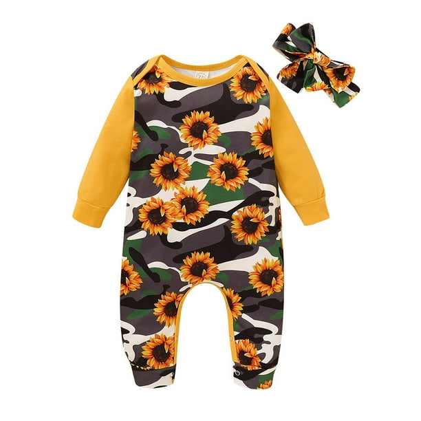 Lolmot Newborn Baby Girls Camouflage Sunflower Print Romper  Jumpsuits+Headbands 