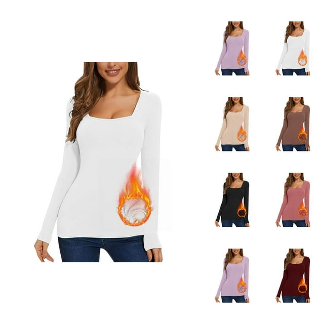 Chemises à Manches Longues pour Femmes 2026 Automne Hiver Col Carré Uni Ajusté Respirant T-Shirt
