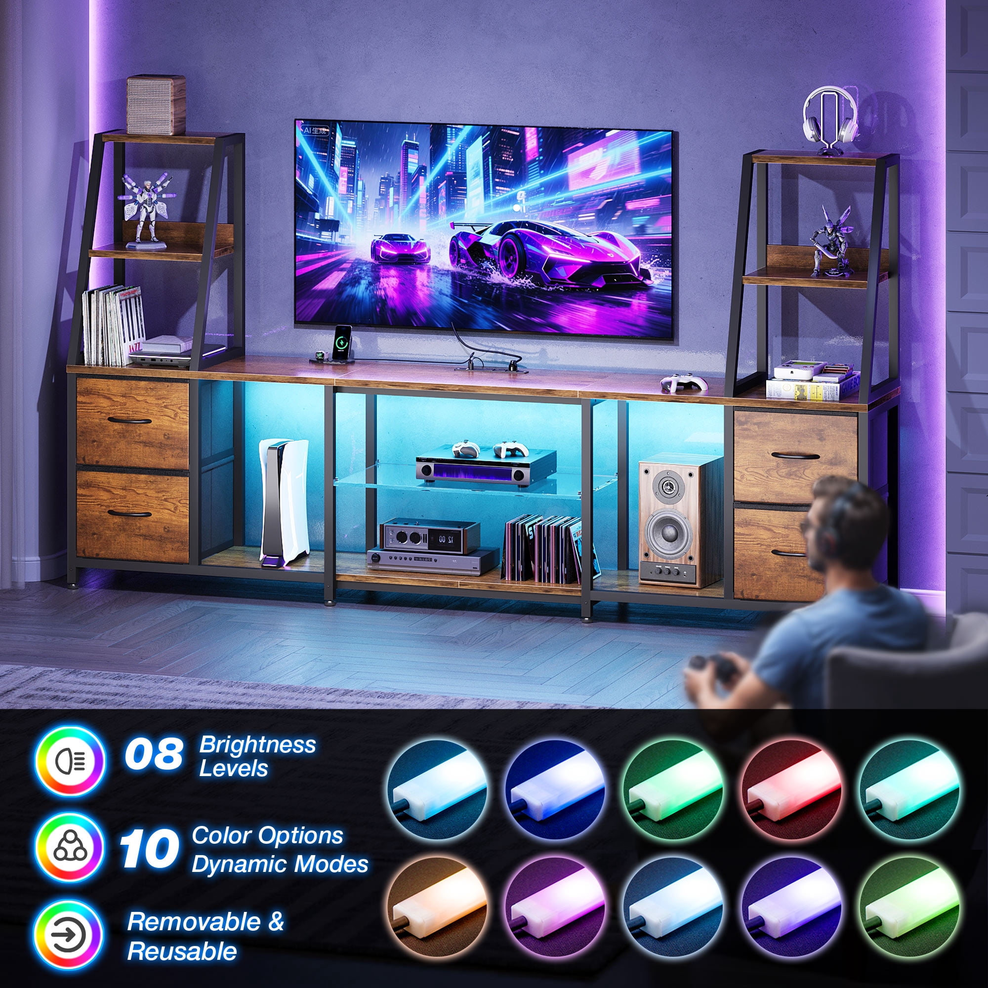 Casacomoda TV Stand for up to 65 Inch TV, 87" Entertainment Center with Power Outlets & LED Lights, Modern Media Console with Glass Shelf & 4 Fabric Drawers for Living Room Bedroom, Vintage