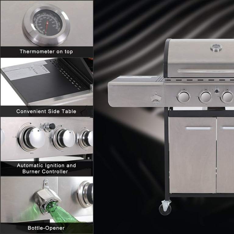 Kitchen Academy Propane Gas Grill in Stainless Steel with Electronic Ignition Controls Side Burner