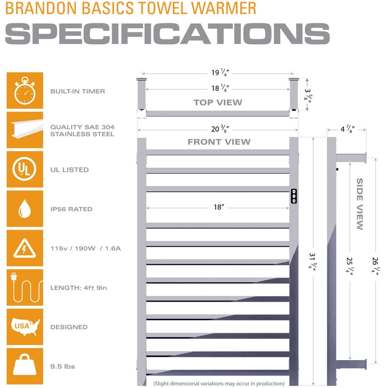 Brandon Basics Wall Mounted Electric Towel Warmer with Built in Timer and Hardwired and Plug in Options Brushed