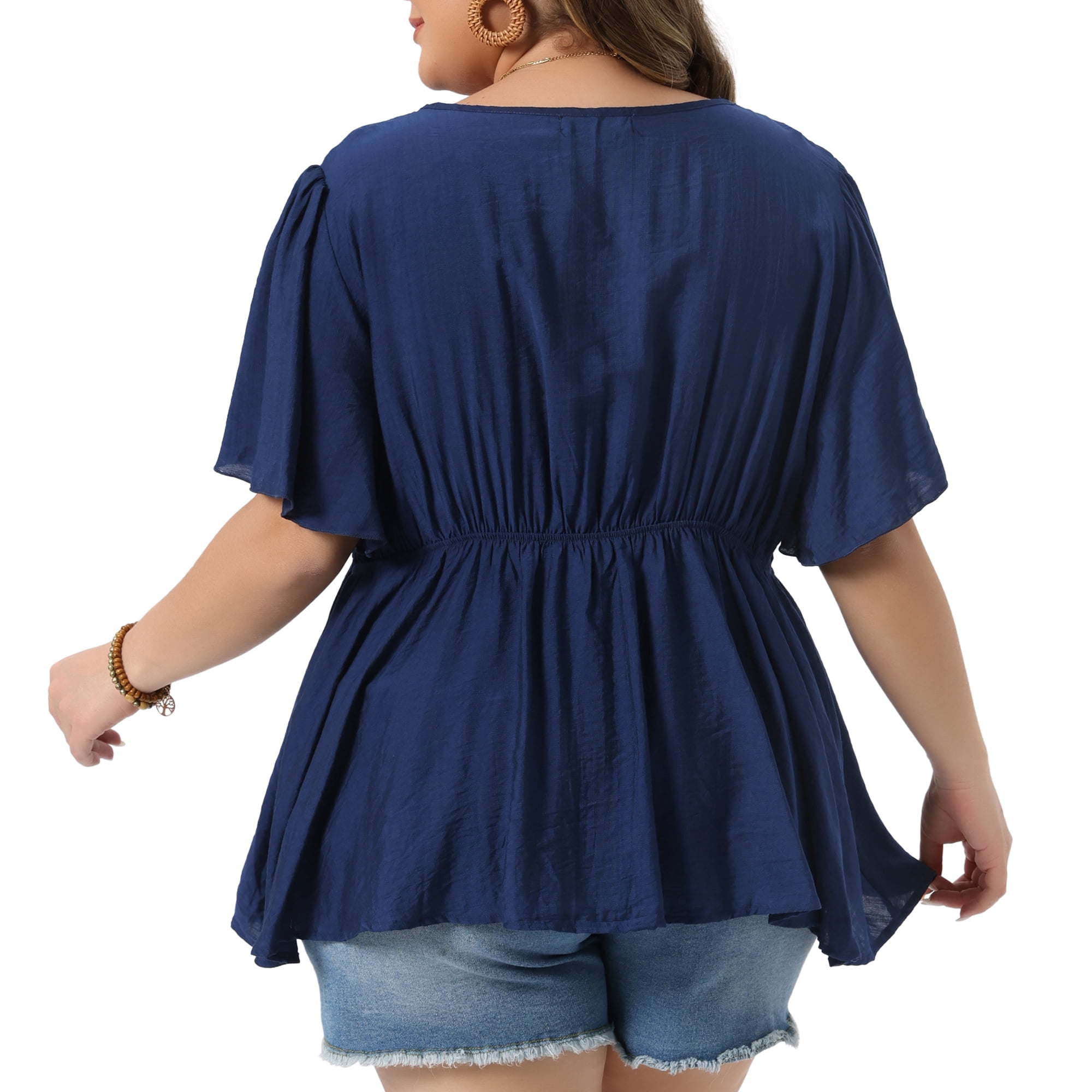 DARING DIVA Women's Plus V Neck Tie Peplum Blouse 3X Navy Blue