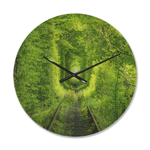 Designart 'Lush Green Forest around Rail Way Tunnel ' Modern Wood Wall Clock