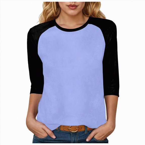 COMVALUE 3/4 Sleeve Tops for Women Plus Size Baseball Style Tees Three Quarter Raglan Shirt Color Block Workout Jersey Tshirts Light Blue Size S