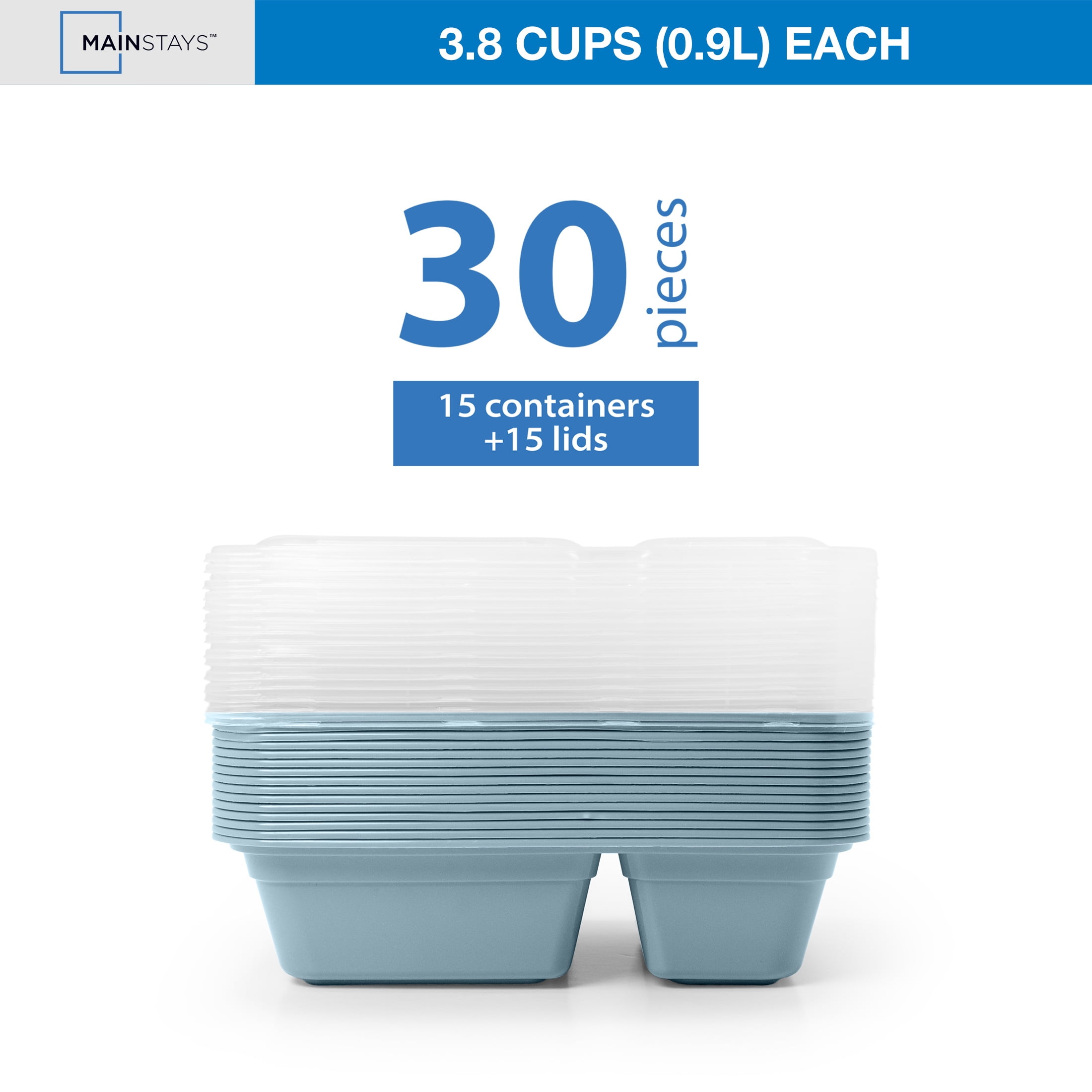 Mainstays 15-Pack 2-Compartment BPA-Free Meal Prep Food Storage Containers, Blue Cameo