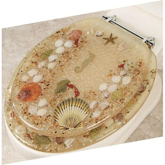 BEIGE JEWELL SHELL 19" ELONGATED RESIN TOILET SEAT WITH SEA SHELLS, CHROME HINGES