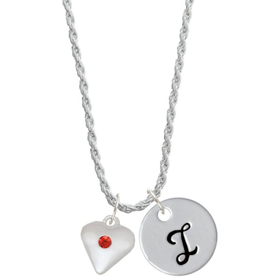 Delight Jewelry Silvertone Large July - Red Crystal Heart Silvertone Script Initial Disc - I - Charm Necklace, 20" 3"
