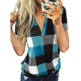 thumbnail image 1 of Femmes Damier Colorblock Fermeture Éclair V Cou Manches Courtes Haut, 1 of 2