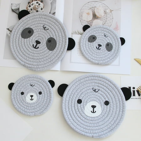 

Ludlz Tea Coaster Non-slip Decorative Anti-scalding Round Cartoon Bear Hand-Woven Cotton Rope Placemat for Home