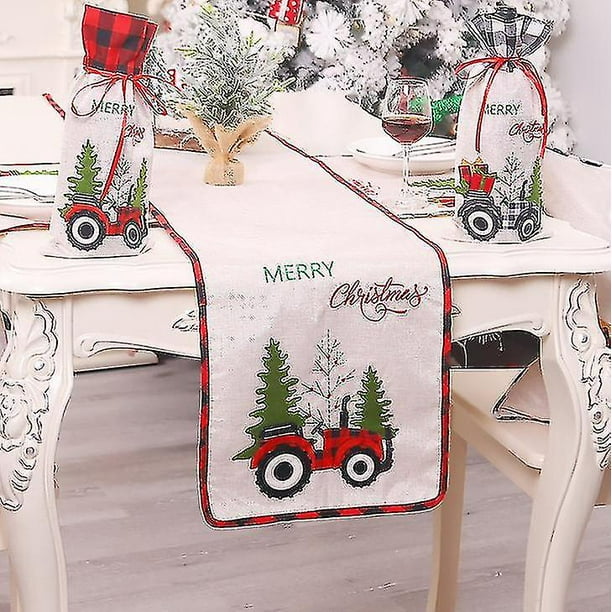 Suministros de mesa navideña, manteles individuales, carrito de regalo de lino de dibujos animados, camino de mesa