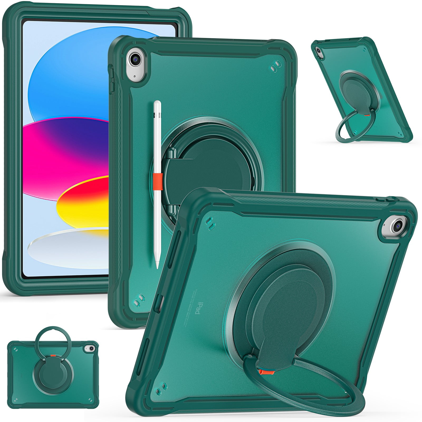 ELEHOLD Rugged Case For Apple iPad Air 13 (2024) Hybrid Shockproof Cover [360 Rotating Stand] [Hand Grip] [Pencil Holder] [Detachable Shoulder Strap] Kids Case, Darkgreen