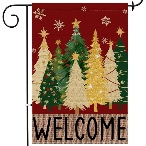Merry Christmas Garden Flag, Christmas Trees Yard Flag 12x18 Double Sided Red Outdoor Decorations, Winter Trees Holiday Decor Welcome Burlap Garden Flag Rustic Outdoor Farmhouse Xmas for Porch Yard