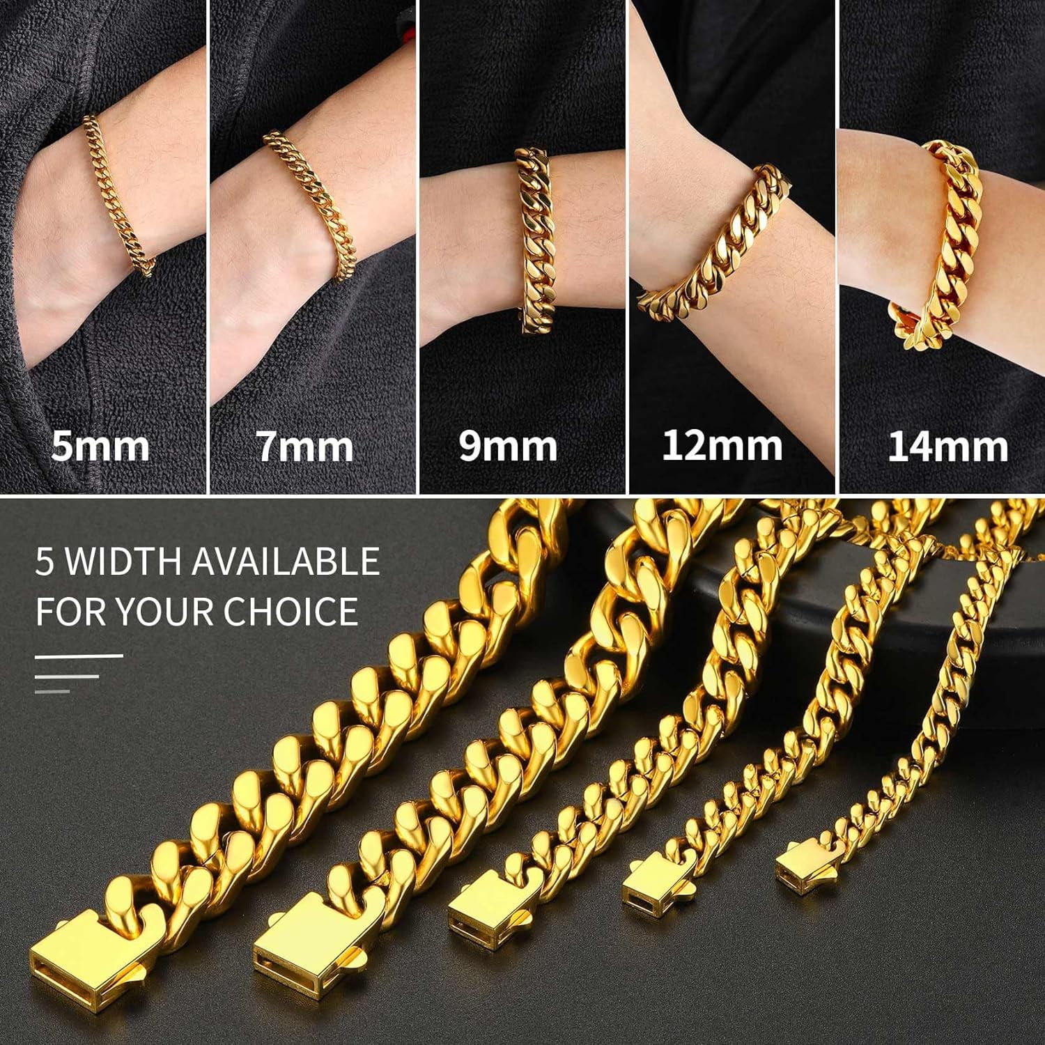 Leander Stainless Steel Cuban Link Bracelet for Men, 5mm/7mm/9mm/12mm Width, 7.5"/8.3"/9" Length, Black/18K Gold Plated Chain Wrist Bracelets for Men, with Gift Box