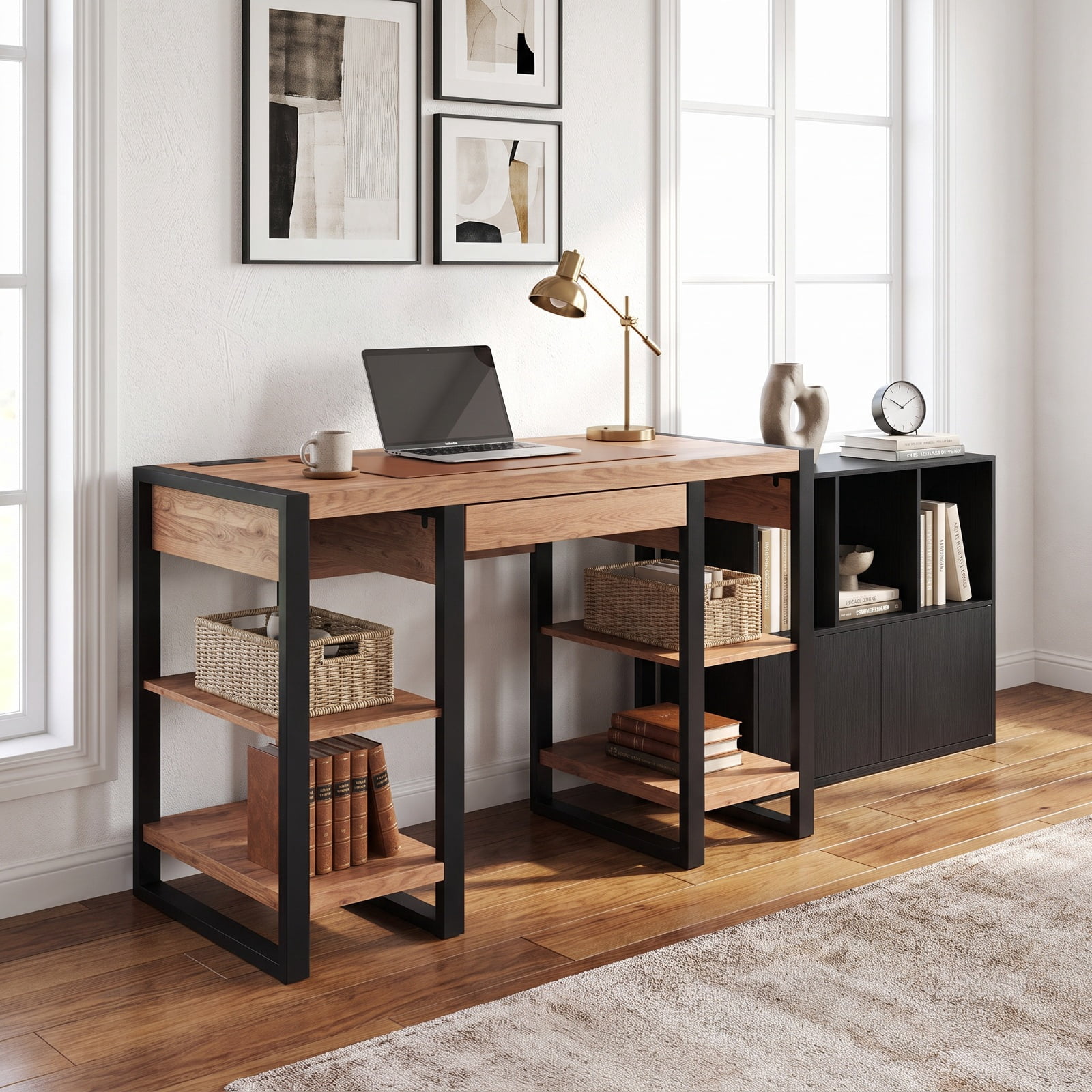 Furnibear 3-Cube Bookcase with Doors 3-Tier Cubic Bookshelf with Open Compartments and Cabinet for Living Room Home Office Bedroom Display, Black