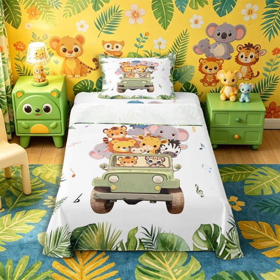 Castle Fairy Girls Cute Cartoon Safari Animal Twin Size Sheets 3pcs,Tropical Leaf Truck Bedding,Green White,1 Fitted Sheet,1 Flat Sheet and 1 Pillowcase