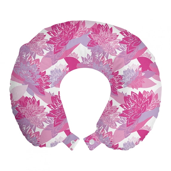 Spring Travel Pillow Neck Rest, Shabby Lotus Flower Bouquets Romantic Feminine Zen Blossoms Leaf Graphic, Memory Foam Traveling Accessory Airplane and Car, 12", Mauve Pink and Magenta, by Ambesonne