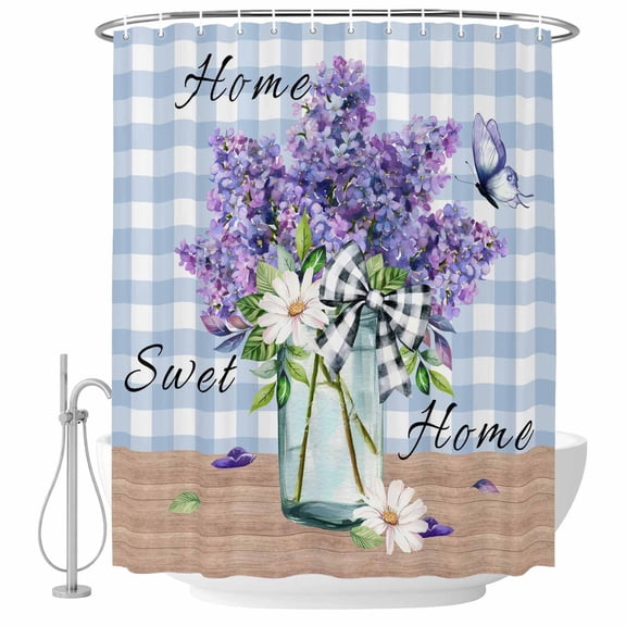 Polyester Fabric Purple Lavender Shower Curtain, Spring Daisy Butterfly Plants Watercolor Blue Waterproof Bathtub Curtain Bathroom Decor Set with Hooks 60 x 72 Inches