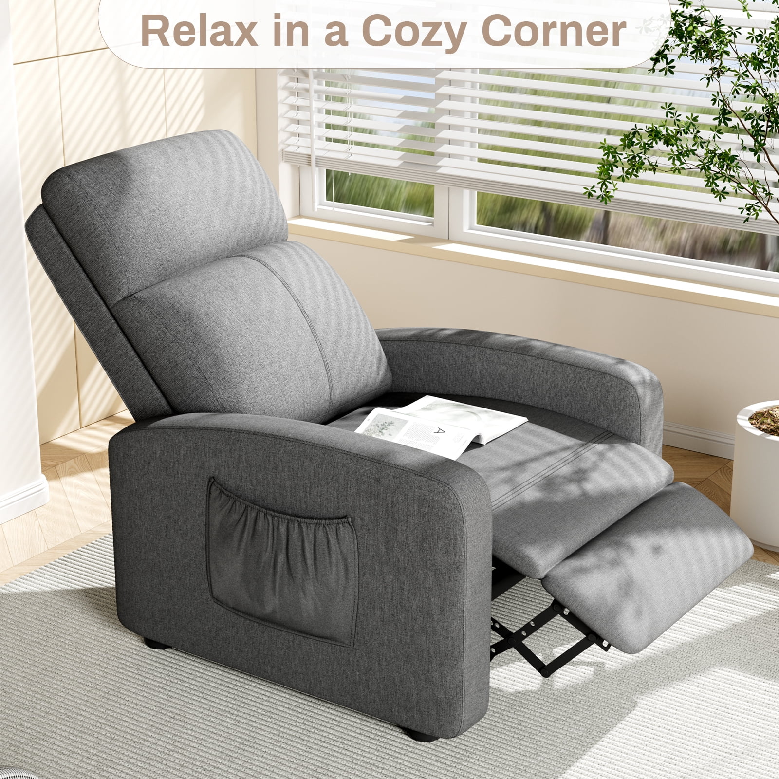 Arlopu Fabric Recliner Chair, Single Reclining Chair Home Theater Seating with Side Pocket, Adjustable Backrest and Footrest, Ergonomic Lounge Chair for Living Room