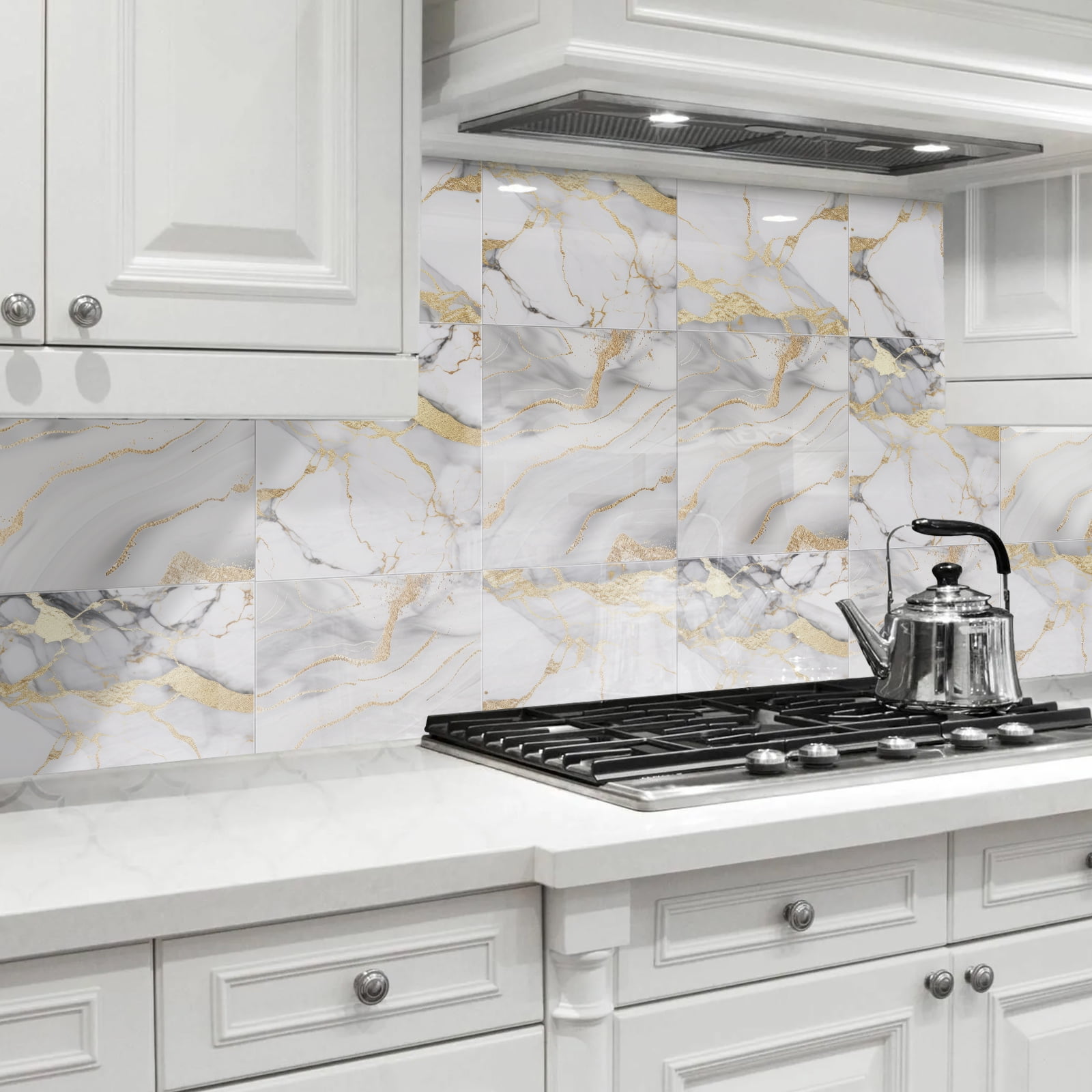 DEWOO 10pcs Peel and Stick Backsplash Wall Tile, Waterproof Peel and Stick Marble Wall Tiles, Self-Adhesive Panels for Bathroom, Kitchen, and Living Room (Gold Marble,12"×12")