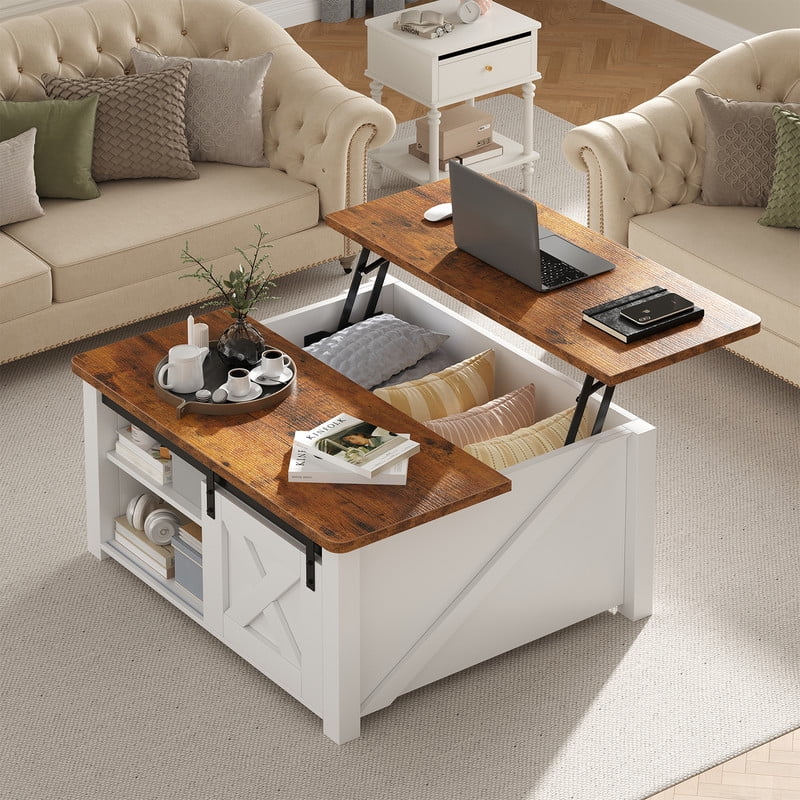Gianna Lift Top Coffee Table with Large Hidden Storage, Adjustable Shelves, White-new