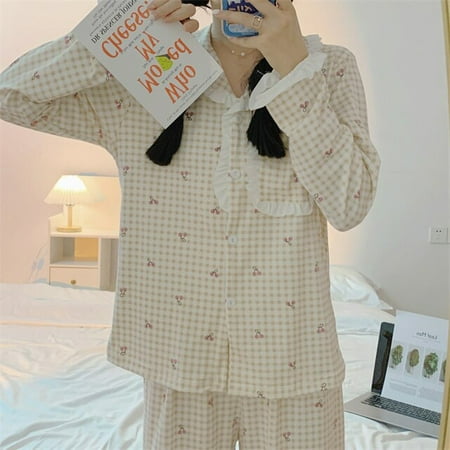 

CoCopeaunt Chic Plaid Sleepwear Patchwork Lace Geometric Long Sleeves Home Clothes Loose Casual Chic Women Sweet Pajamas