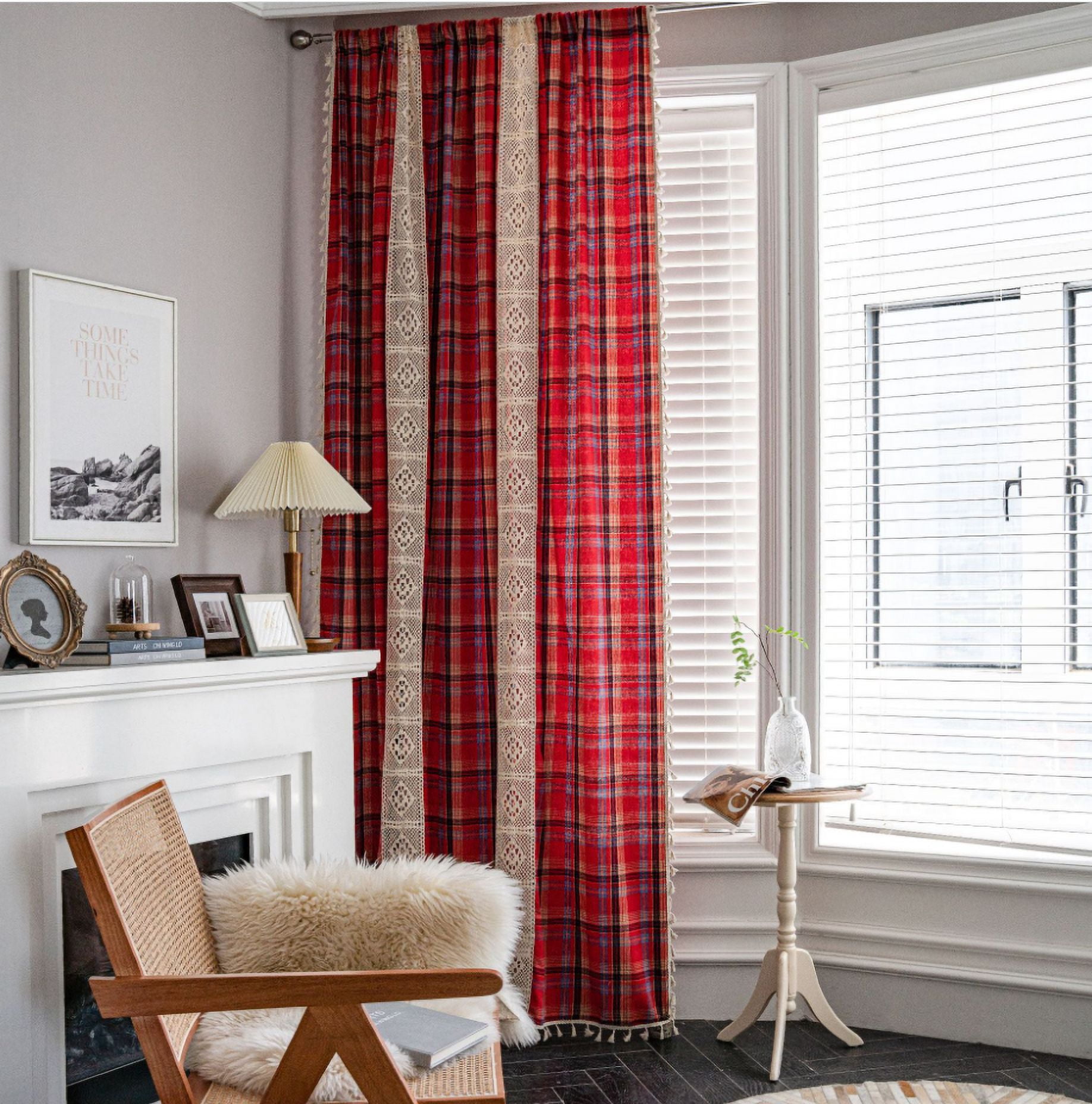 Boho Curtains Plaids for Bedroom, Semi Blackout Linen Farmhouse Tassels Window Treatment Bohemian Drape, Rod Pocket 1 Panel