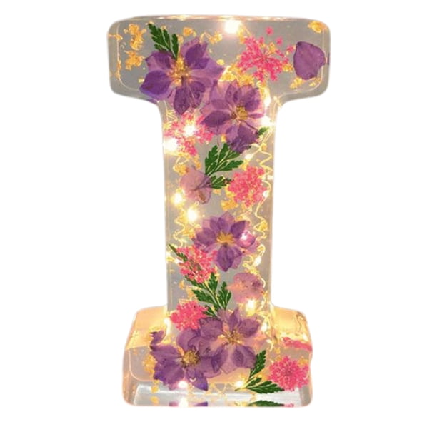 Lámpara nocturna decorativa de resina con letras y flores | Lámpara de mesa floral para dormitorio o habitación infantil | Decoración única para el hogar | Regalo artesanal para mujeres y niños