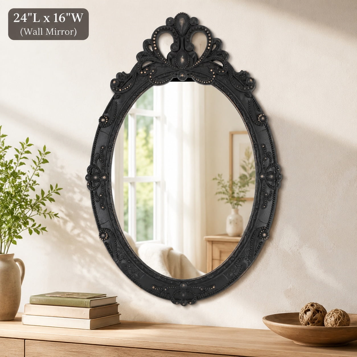 Vintage Black Oval Hanging Wall Mirror 24 x16 Carved Wood Frame Rustic Bathroom Vanity Decor Farmhouse Wall Mounted Mirror for Bedroom Living Room