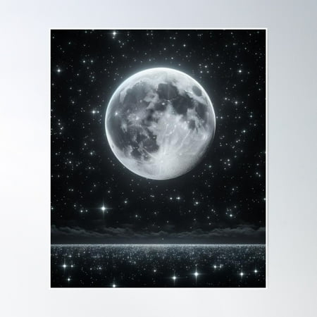 Dark Moon With Stars Poster Wall Art, Modern Wall Decor, 8x12 UNFRAMED