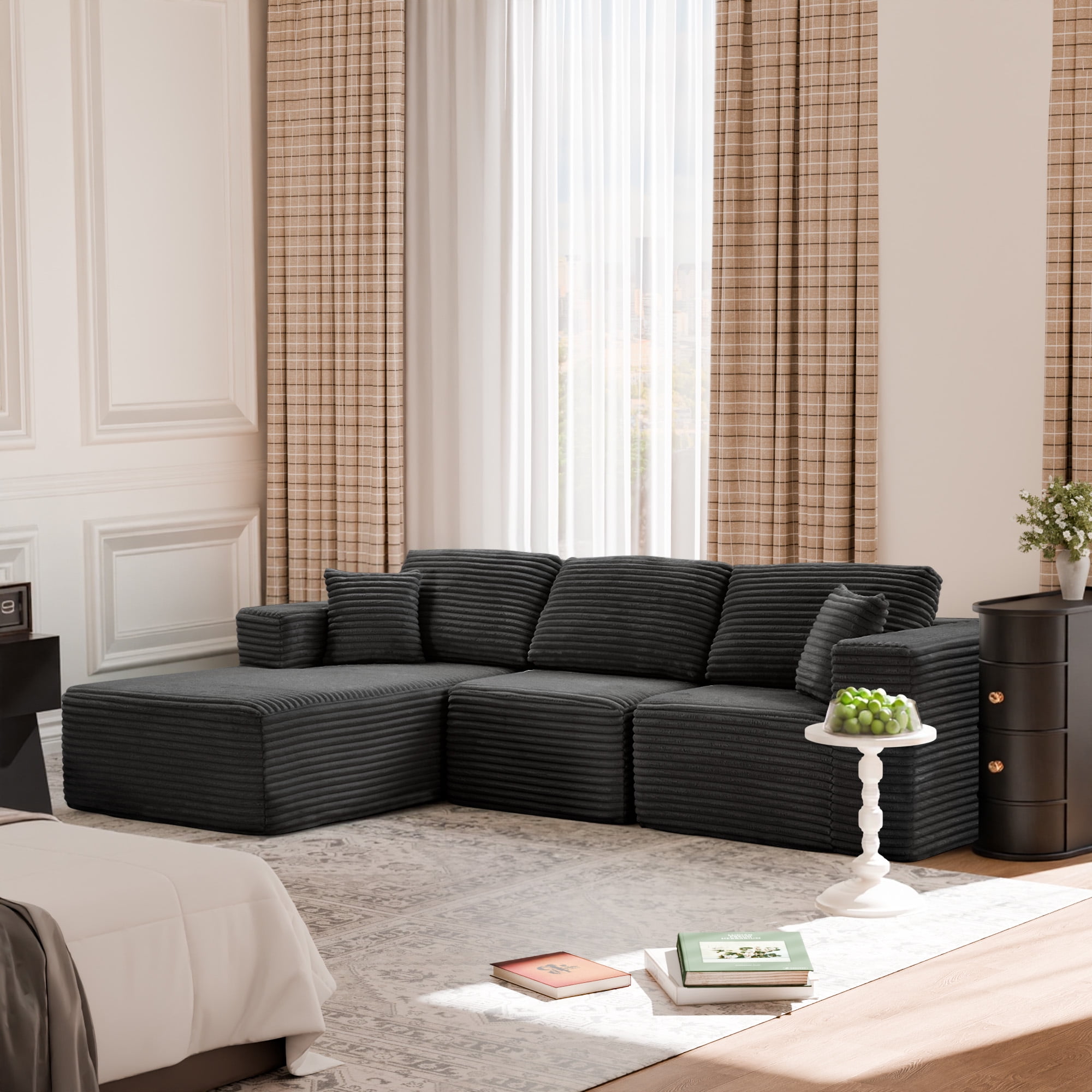 MAYEERTY Corduroy Sectional Couch, Comfy Modular Compression Sofa for Apartment & Living Room, 104×67" Gray