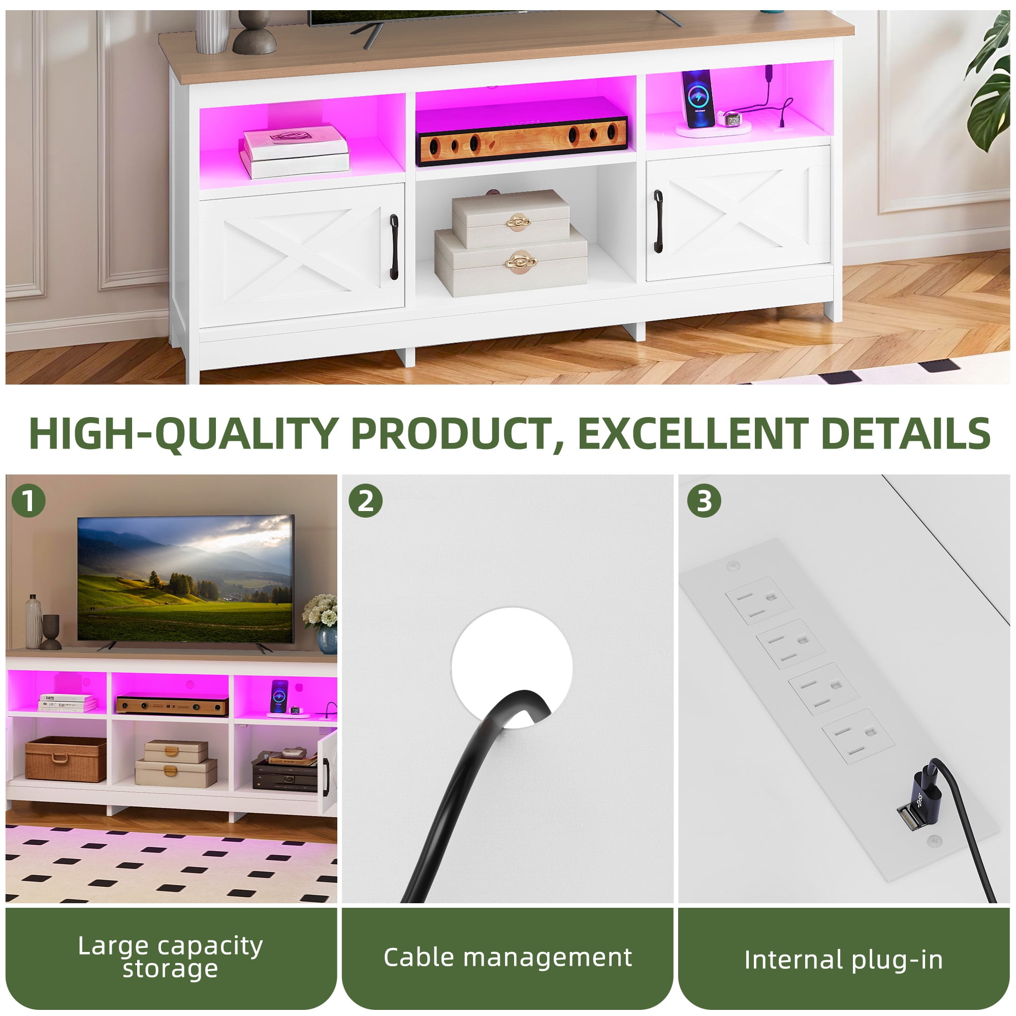 Uforic TV Cabinet with Storage, LED Lights, and Power Outlet, TV Stand for Living Room, Bedroom, or Apartment, Accommodate 65 Inch TVs, White and Walnut