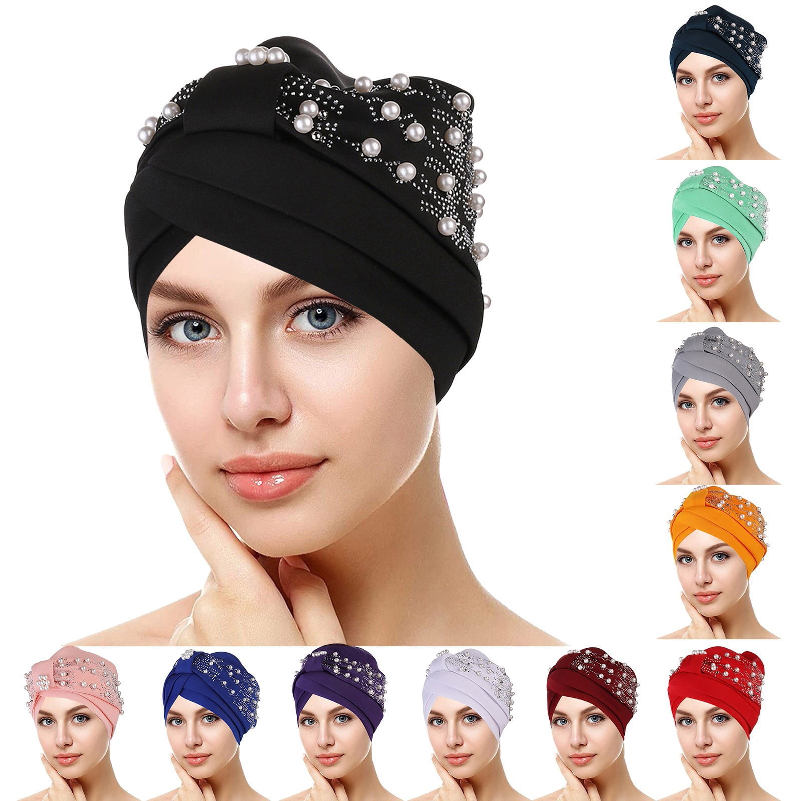 6 Pack Turban Headwrap with Faux Pearl Beanie Hat Skullies 6-Piece Multicolor Soft Turban Head Wrap Set for Women  main image 3