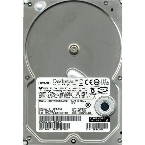 Hitachi HDS725050KLA360 MLC: BA1723 P/N: 0A32904 500GB