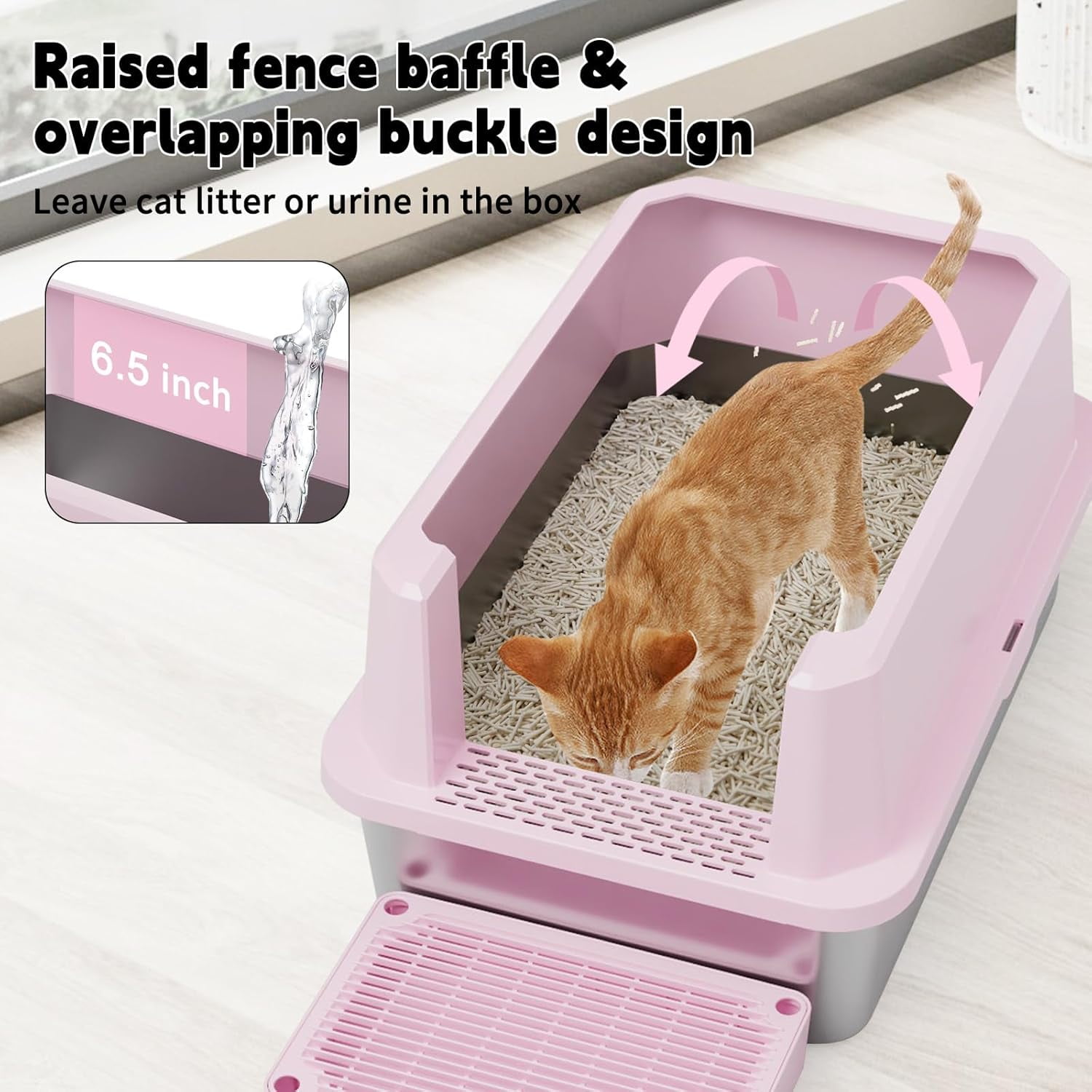 Large Cat Litter Box: Pink Semi-Closed Stainless Steel Litter Box with High Edges - Odorless Litter Pan Anti Leakage for Small to Large Cats for Bedroom Living Room
