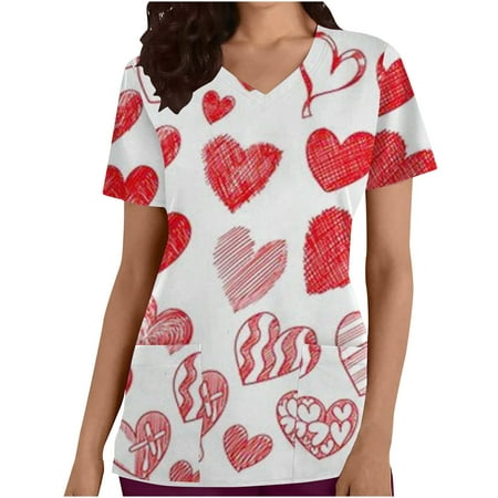 

Mrat Short Sleeve V-Neck Blouses & Shirts Bustier Tops for Women Ladies V-neck Valentine s Day Printed Short Sleeve Pocket Overalls Sleep Shirts for Female